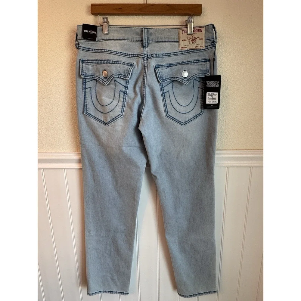 True Religion Geno Jeans Men's 32x32 Big T Flap Slim Denim Blue Stitch NWT $204